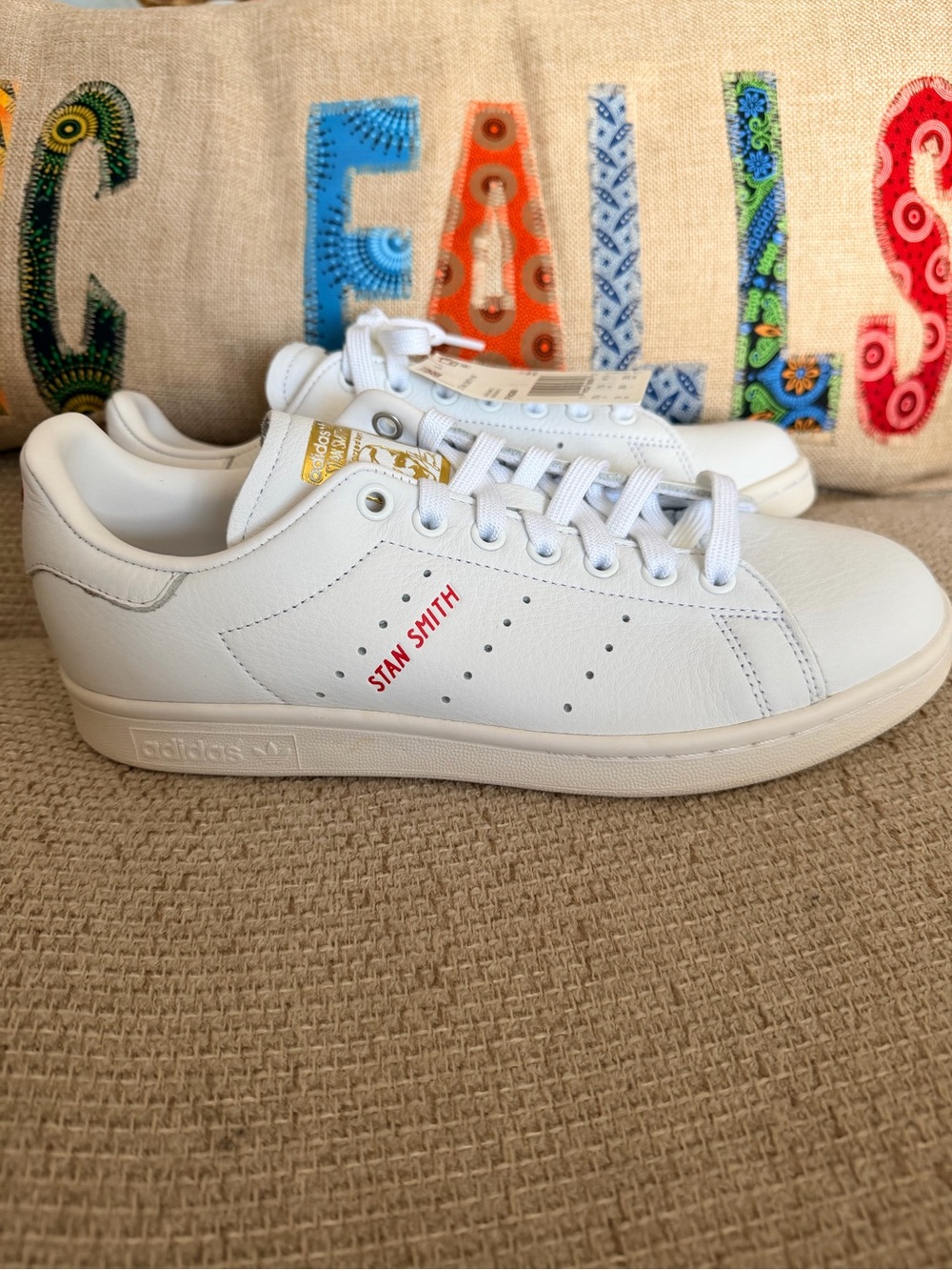 adidas Stan Smith White Leather Sneakers with Red Logo